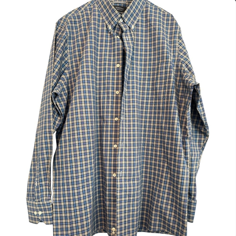 Nordstrom Men's Shop Blue and Yellow Checkered Wrinkle-Free Dress Shirt Size XXL